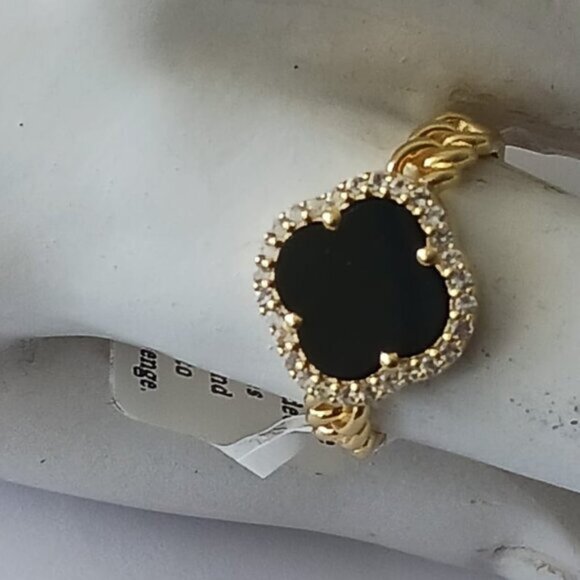 YS India 14k Gold Plated Sterling Siver 925 W CZ & Genuine Onyx Clover Ring Sz.8 - Picture 2 of 16